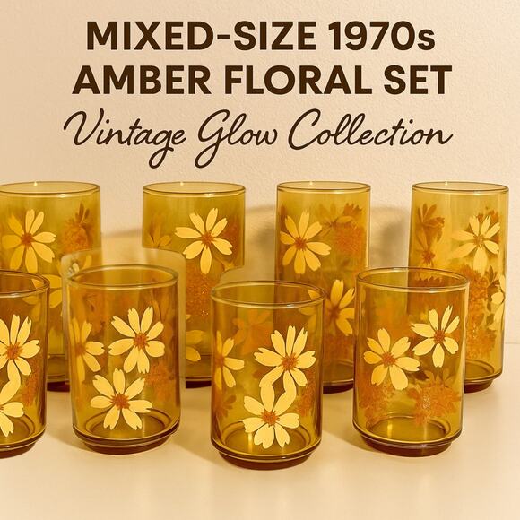 Vintage Amber Floral Glass Set – 8 Mixed-Size Daisy Tumblers 1970s - Picture 1 of 14